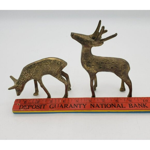 Vintage Solid Brass Deer Figurines Set Of 2 Grazing 4.5" Standing 6.5" Christmas - Picture 2 of 7